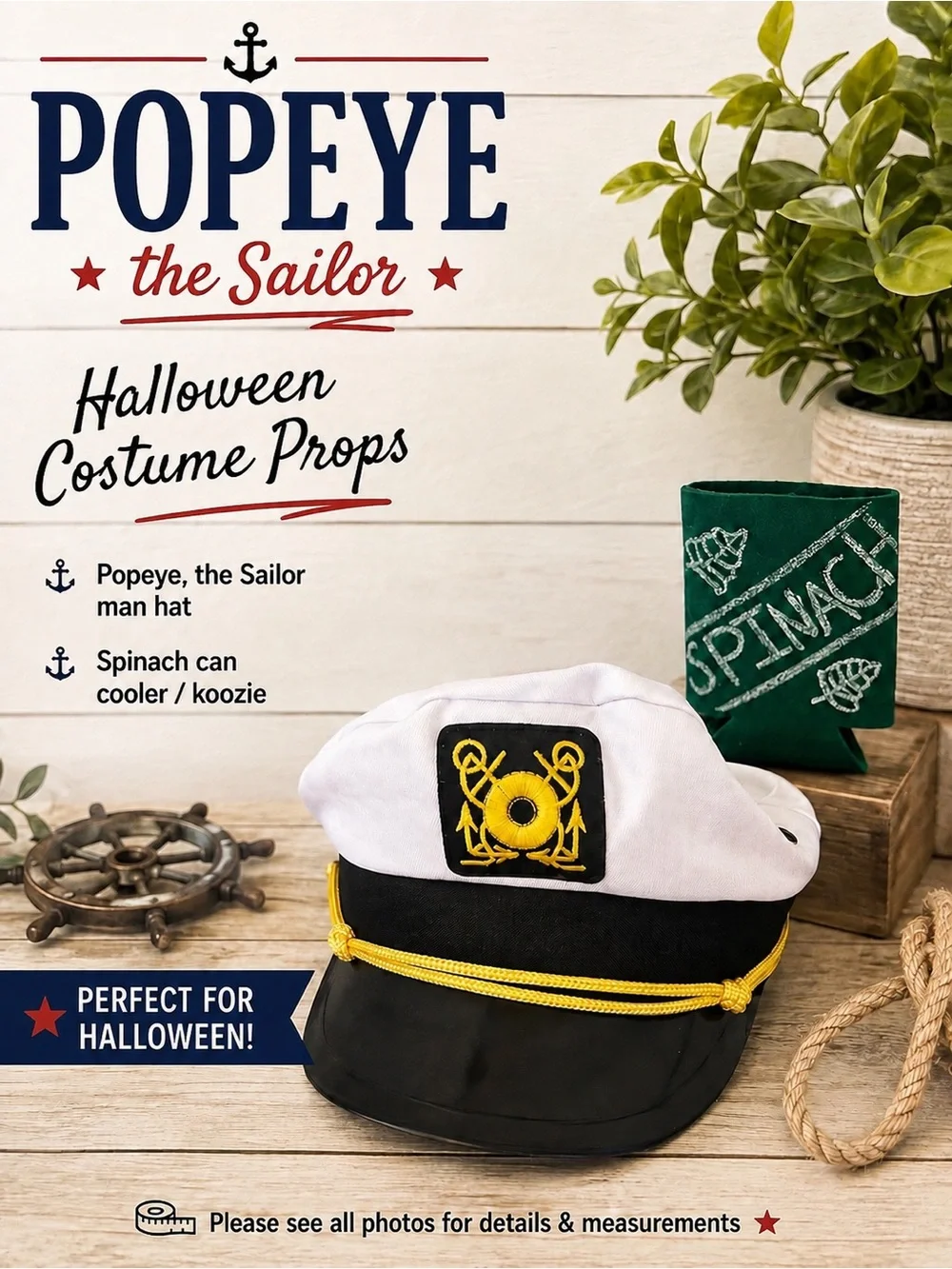 ⚓ Popeye The Sailor Man Hat & Spinach Koozie Halloween Costume Props